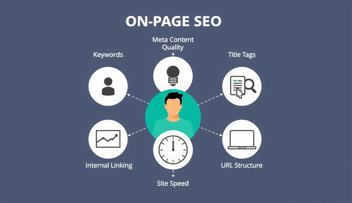 Diagram showing various elements of on-page SEO strategy including keywords, content, metadata, and technical aspects