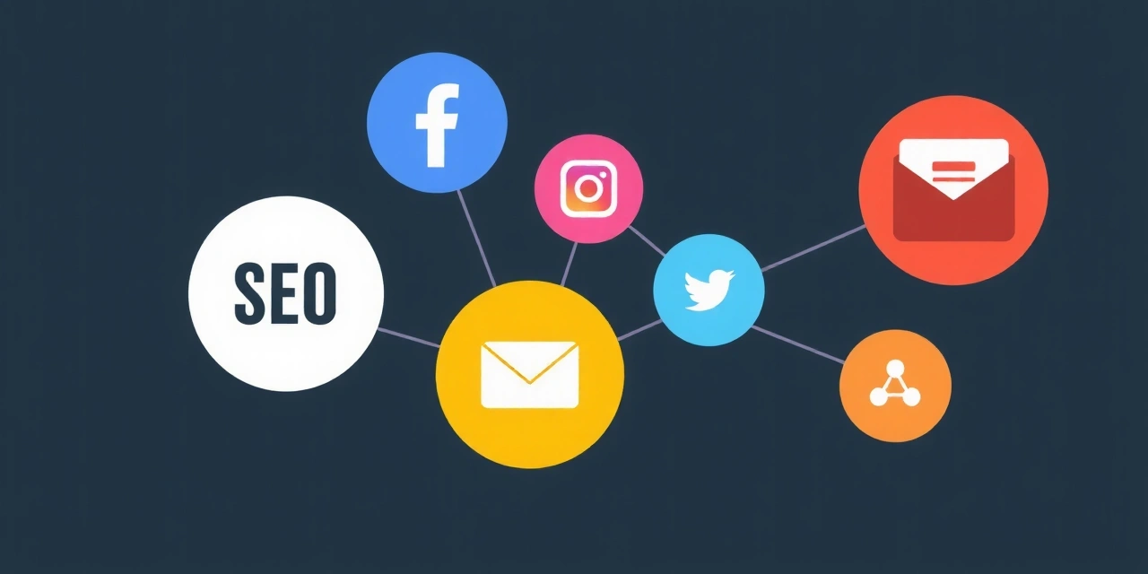 O diagramă de marketing digital cu pictograme de SEO, social media și email