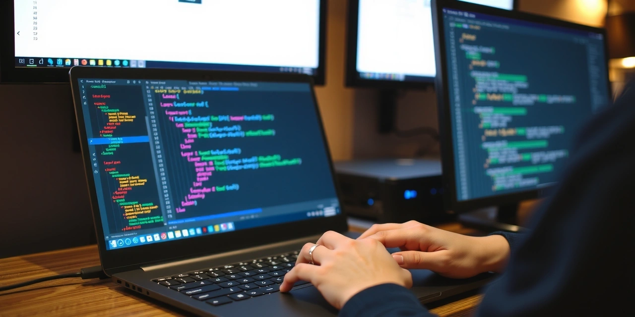 O persoană care tastează cod pe un laptop cu multiple ecrane