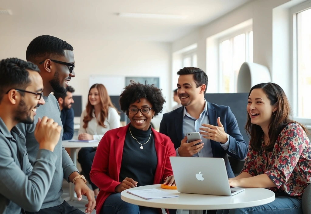 Membri ai echipei pixelpeak râzând și discutând într-un spațiu de lucru deschis