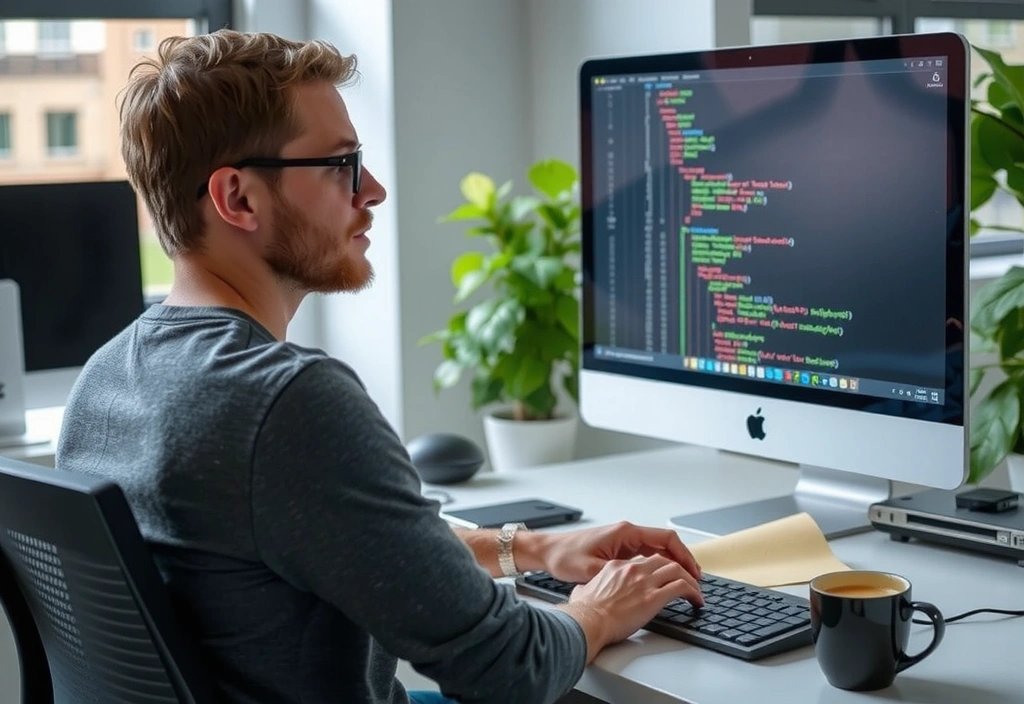 Un programator concentrat la monitor, cu cod pe ecran și o cană de cafea