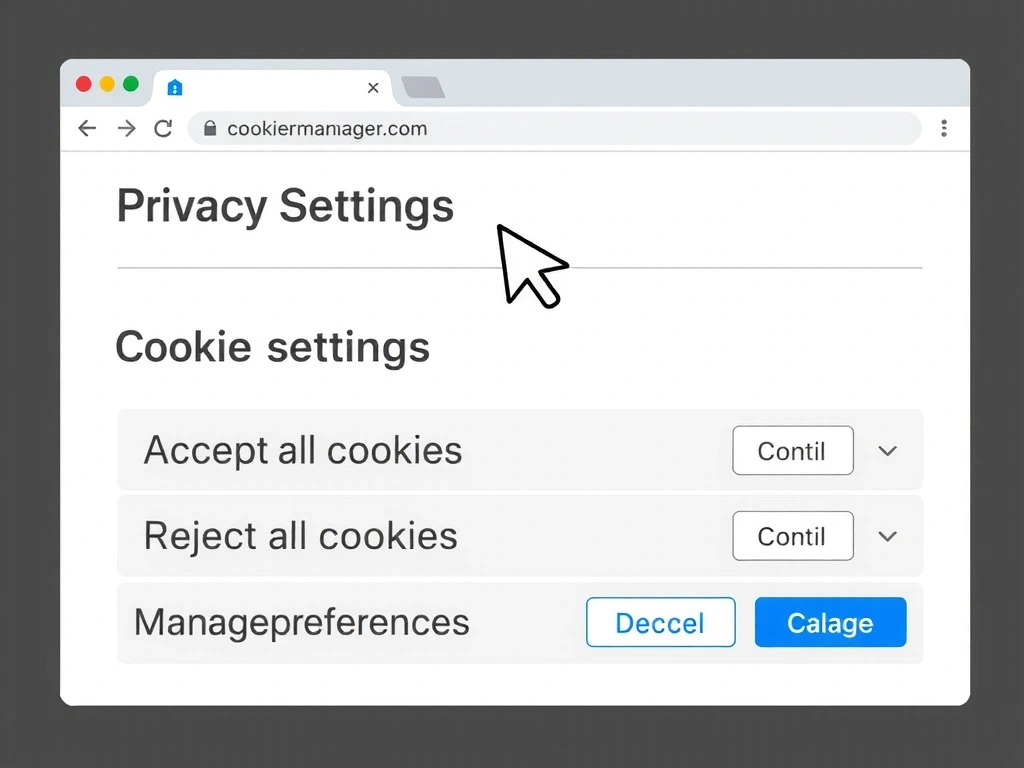 Ilustrație cu setări de confidențialitate în browser, cu un cursor care indică opțiuni de gestionare a cookie-urilor