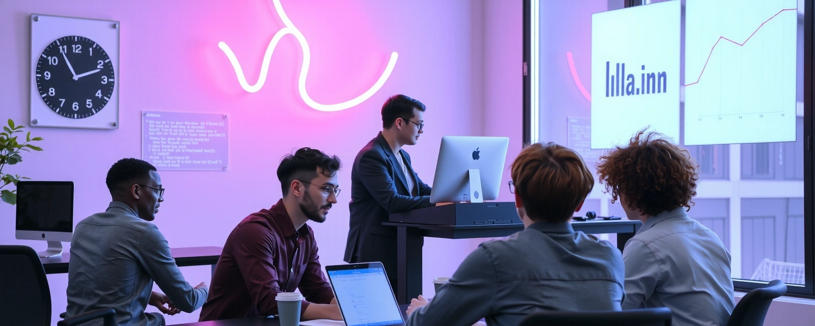 Imagine abstractă reprezentând o echipă creativă colaborând, instrumente digitale, birou modern