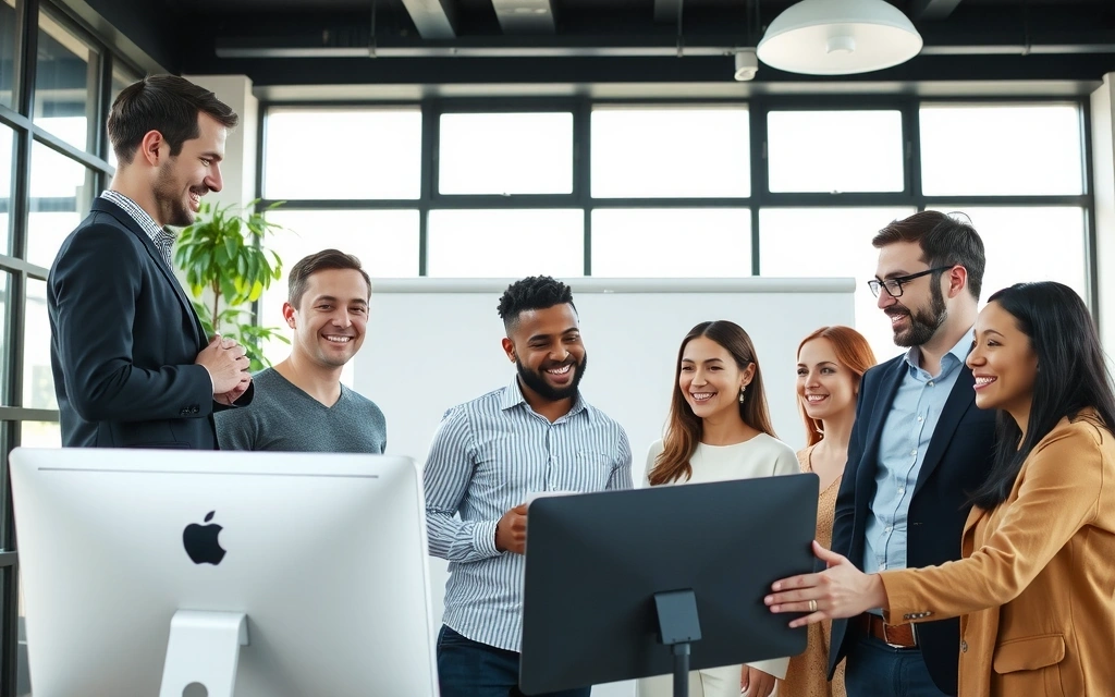 Imagine a unei echipe diverse zâmbind și colaborând într-un birou modern