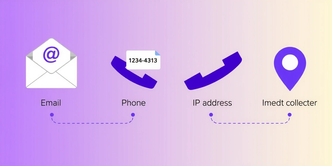 Ilustrație cu iconițe reprezentând diverse tipuri de date colectate: email, telefon, adresa IP