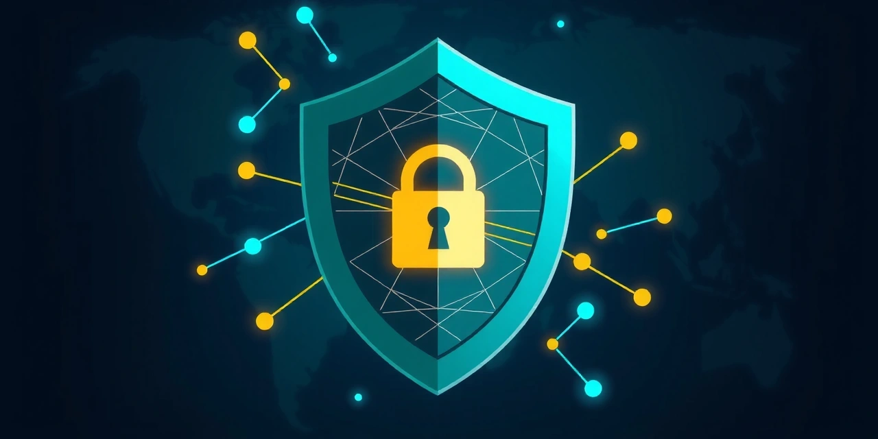 Ilustrație cu un scut de securitate digital, reprezentând protecția datelor