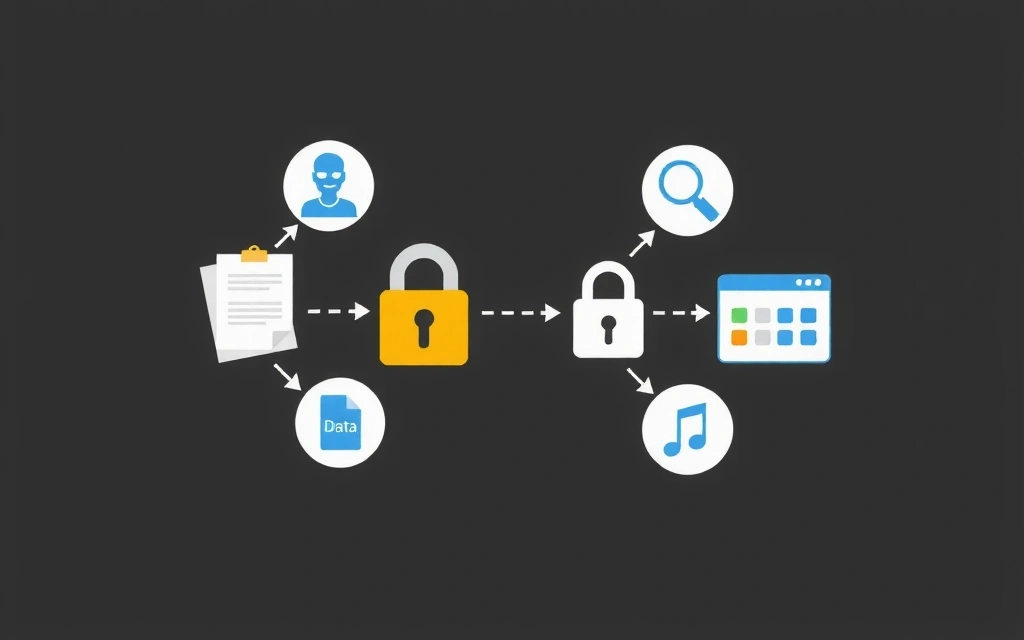 Ilustrație cu simboluri de date care se transferă în siguranță între entități, reprezentând partajarea securizată a datelor.