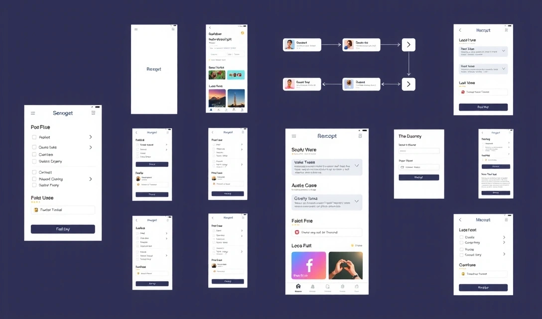 Concepte moderne de design UI/UX, incluzând wireframe-uri, fluxuri de utilizator și elemente de interfață grafică