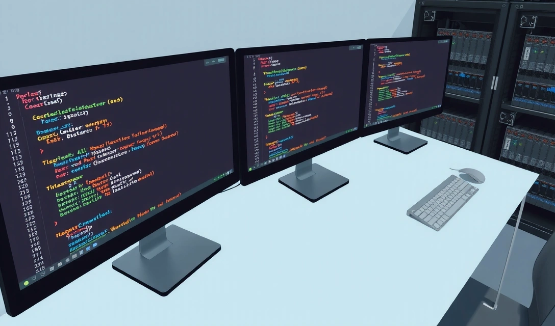 Fragmente de cod, rack-uri de servere și icoane de baze de date, reprezentând dezvoltarea web și infrastructura IT