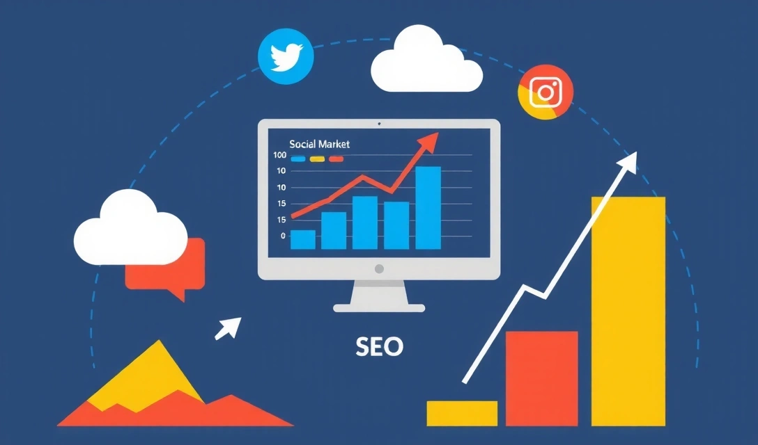 Grafice de marketing digital, icoane de rețele sociale și cuvinte cheie SEO, reprezentând strategii de creștere online