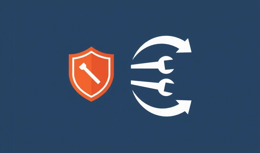 Icoană de scut, icoană de cheie și săgeți de actualizare, reprezentând întreținerea, securitatea și asistența tehnică