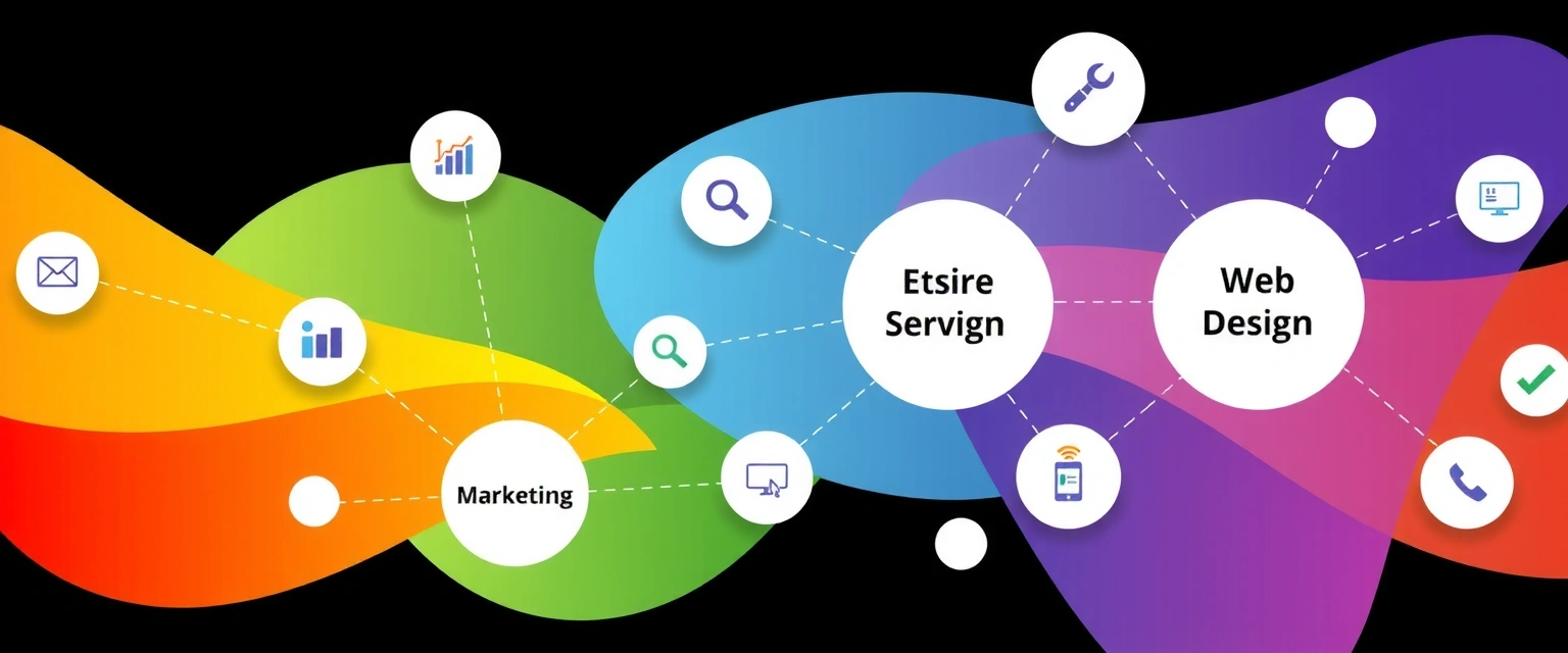 Ilustrație abstractă a serviciilor digitale interconectate, reprezentând web design, dezvoltare, marketing și suport